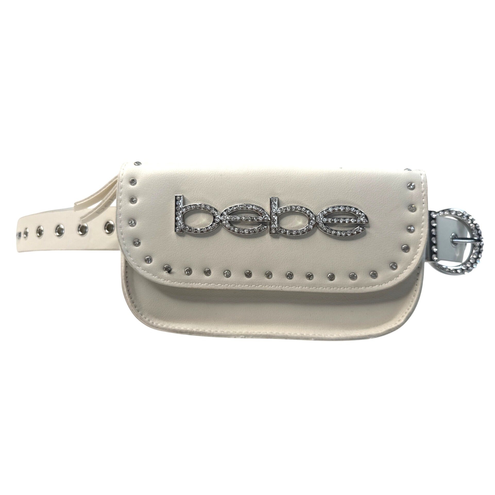 Bebe White Rhinestone Belt Bag W/Detachable Pouch 2X Synthetic Leather Strap