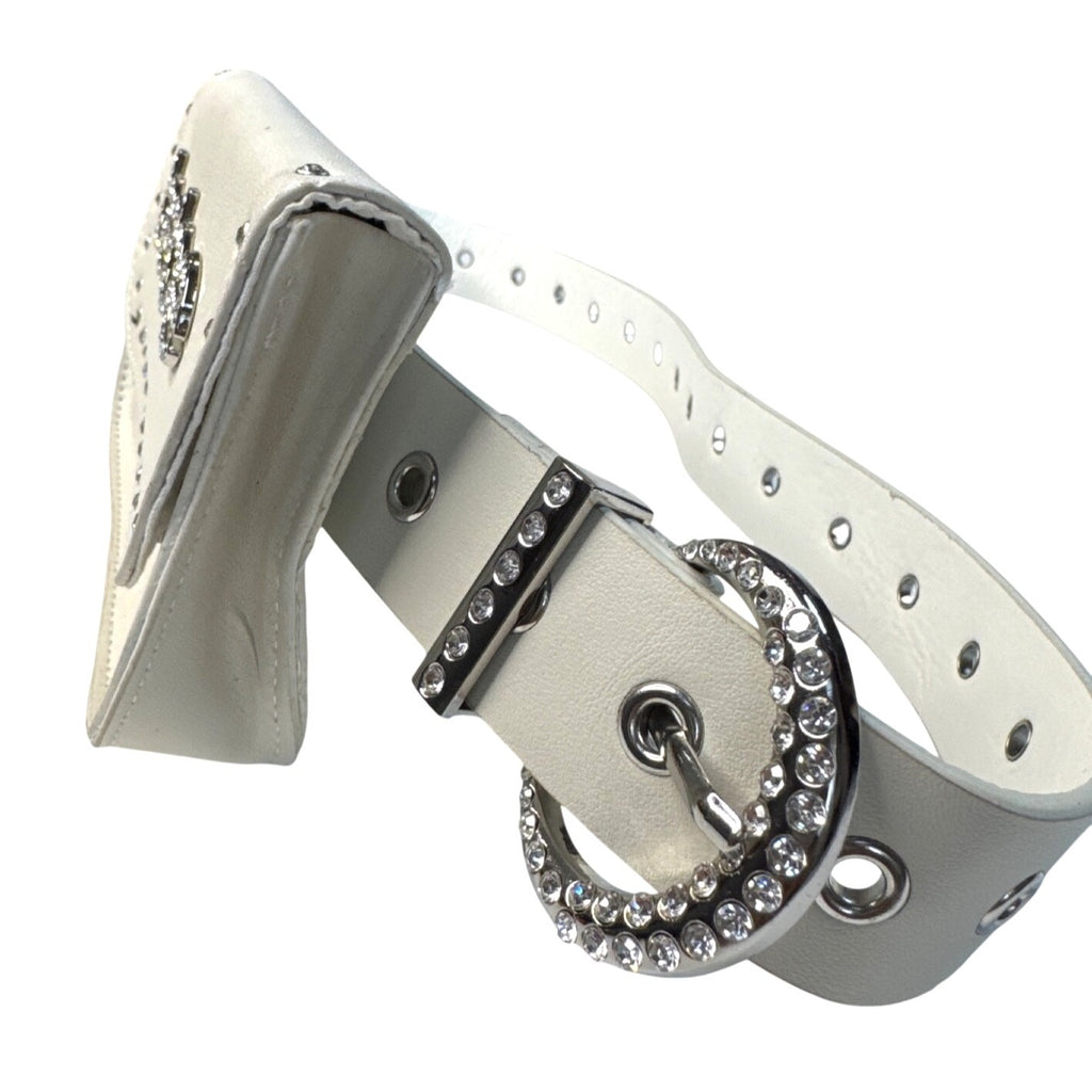 Bebe White Rhinestone Belt Bag W/Detachable Pouch 2X Synthetic Leather Strap