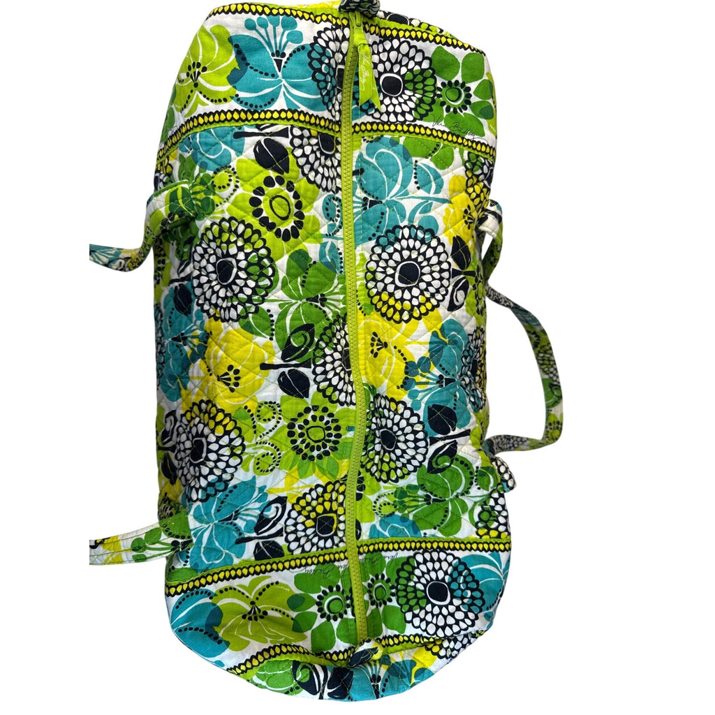 Vera Bradley Floral Duffle Bag With Green Blue & White Quilted Fabric Long Handles & Zipper Closure