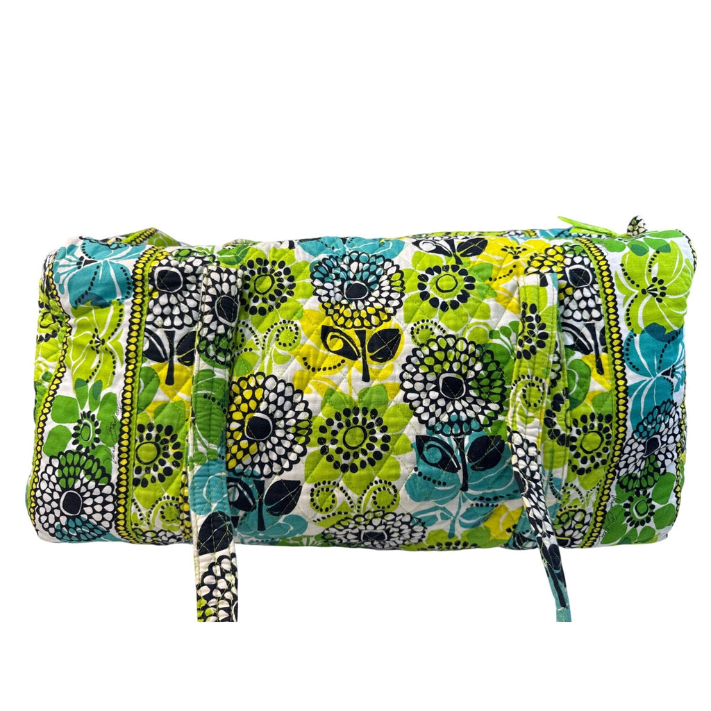 Vera Bradley Floral Duffle Bag With Green Blue & White Quilted Fabric Long Handles & Zipper Closure
