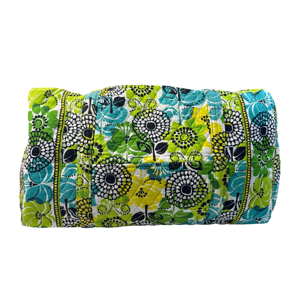 Vera Bradley Floral Duffle Bag With Green Blue & White Quilted Fabric Long Handles & Zipper Closure