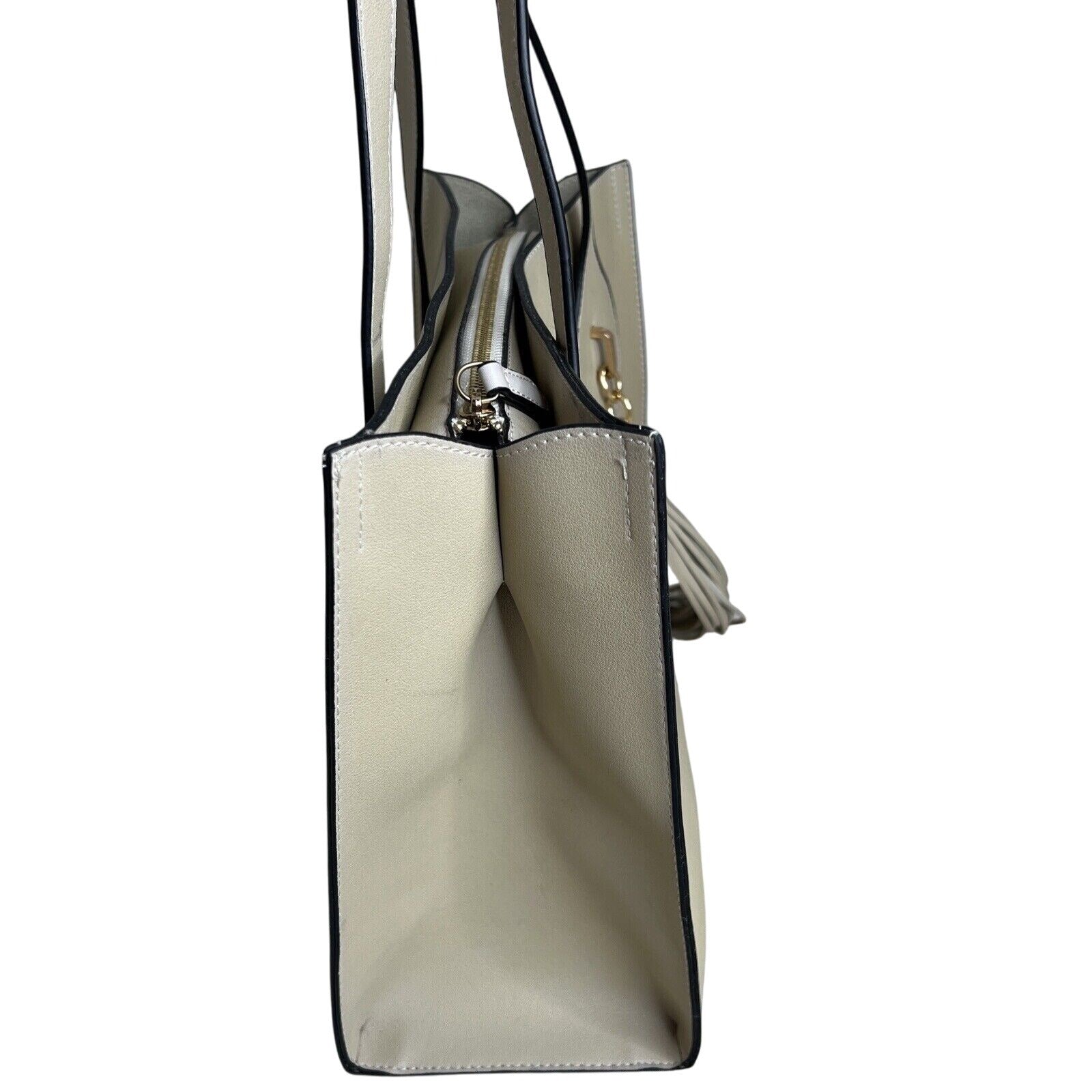 Miriade Cream Leather Tote Bag With Tassel Detail & Gold Hardware