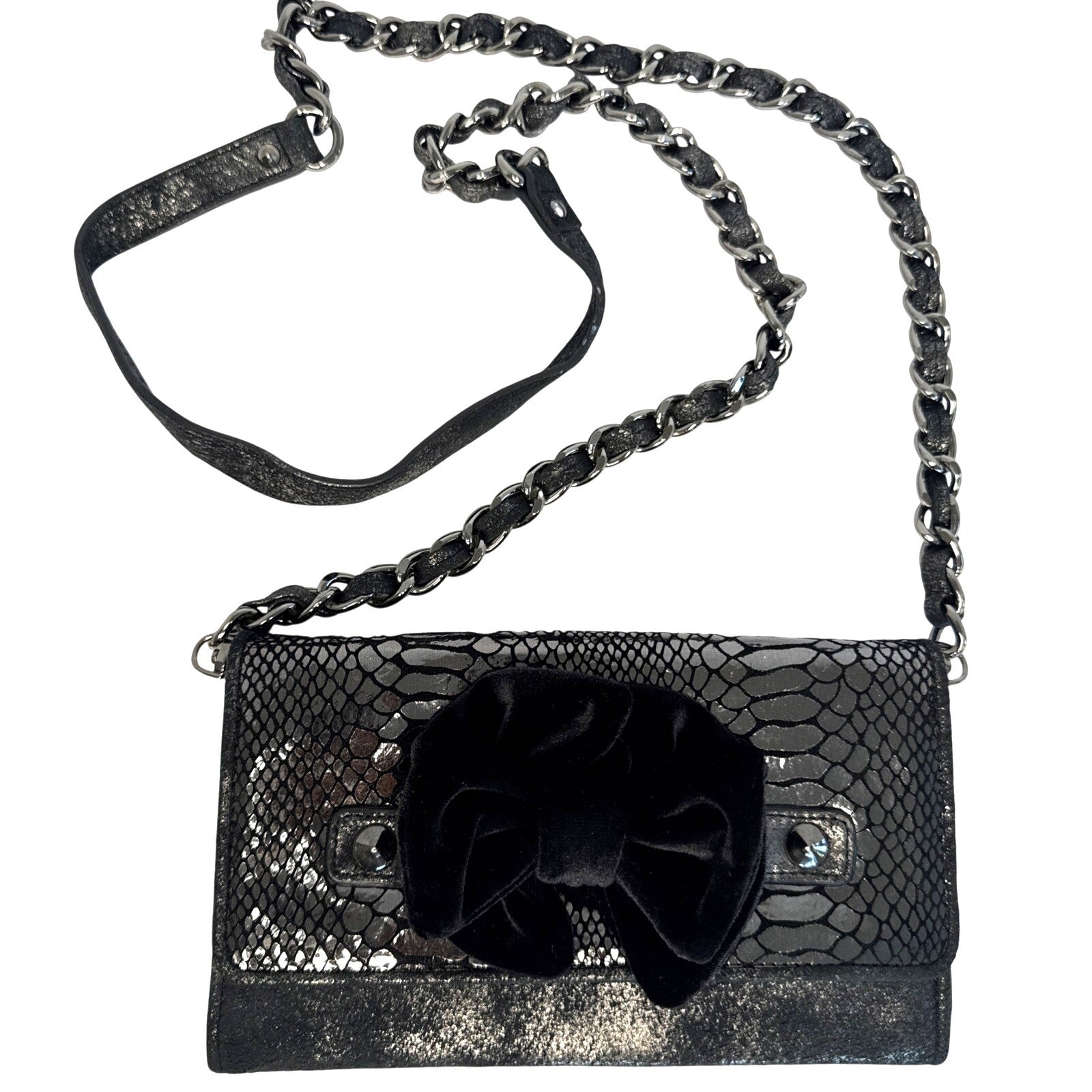 Betsey Johnson Elegant Black Faux Snakeskin Clutch W/Velvet Bow & Shoulder Chain