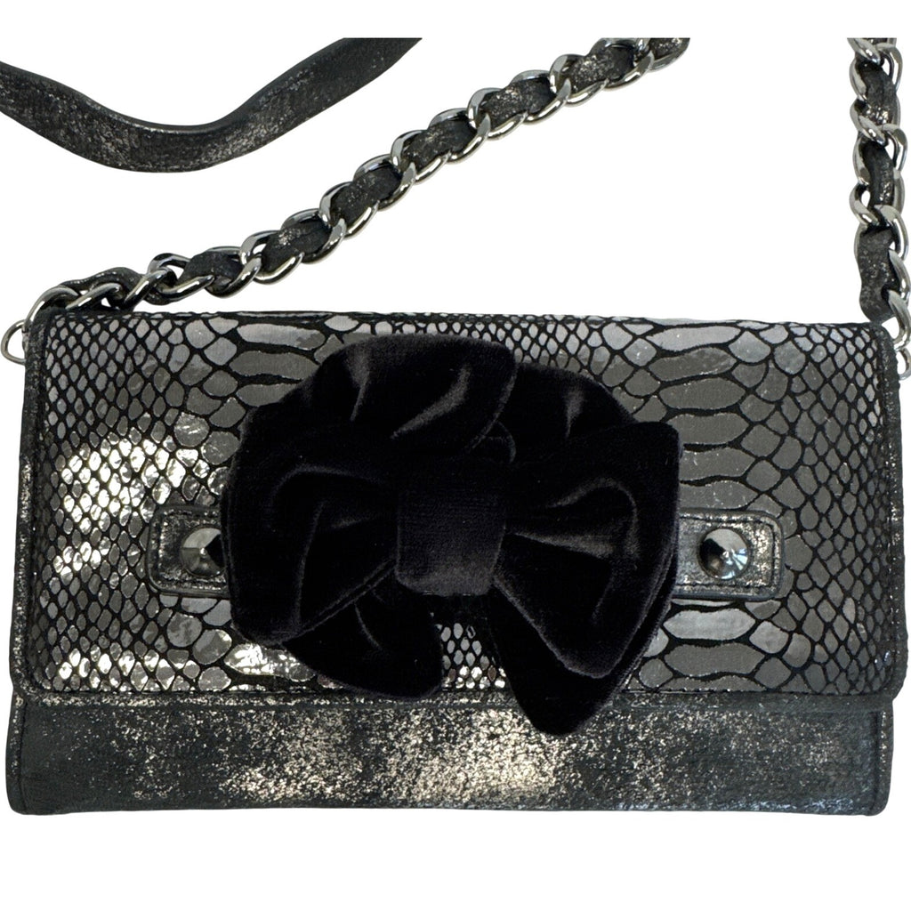 Betsey Johnson Elegant Black Faux Snakeskin Clutch W/Velvet Bow & Shoulder Chain