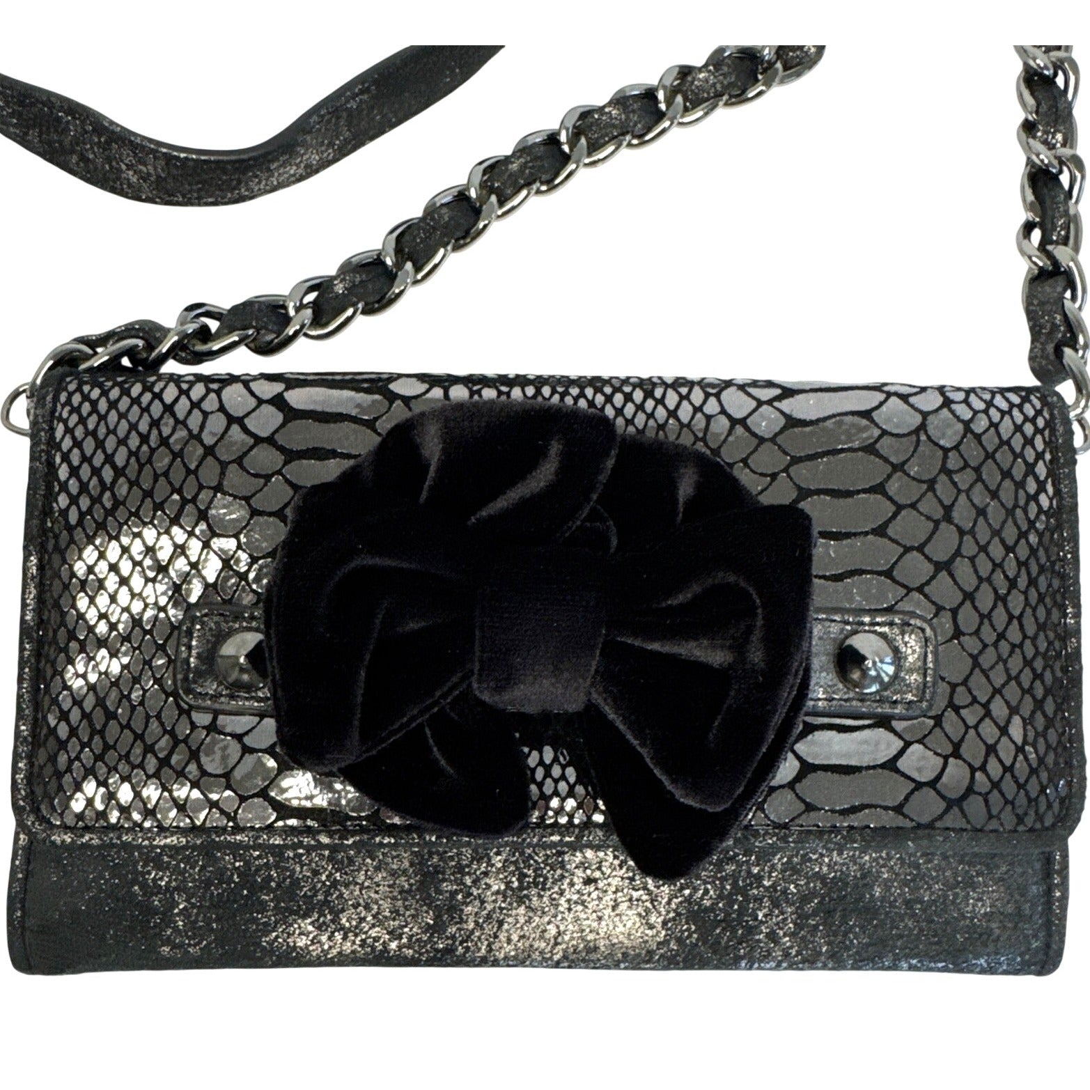 Betsey Johnson Elegant Black Faux Snakeskin Clutch W/Velvet Bow & Shoulder Chain