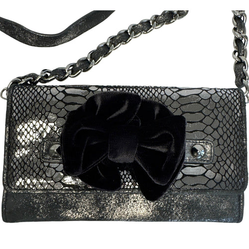 Betsey Johnson Elegant Black Faux Snakeskin Clutch W/Velvet Bow & Shoulder Chain