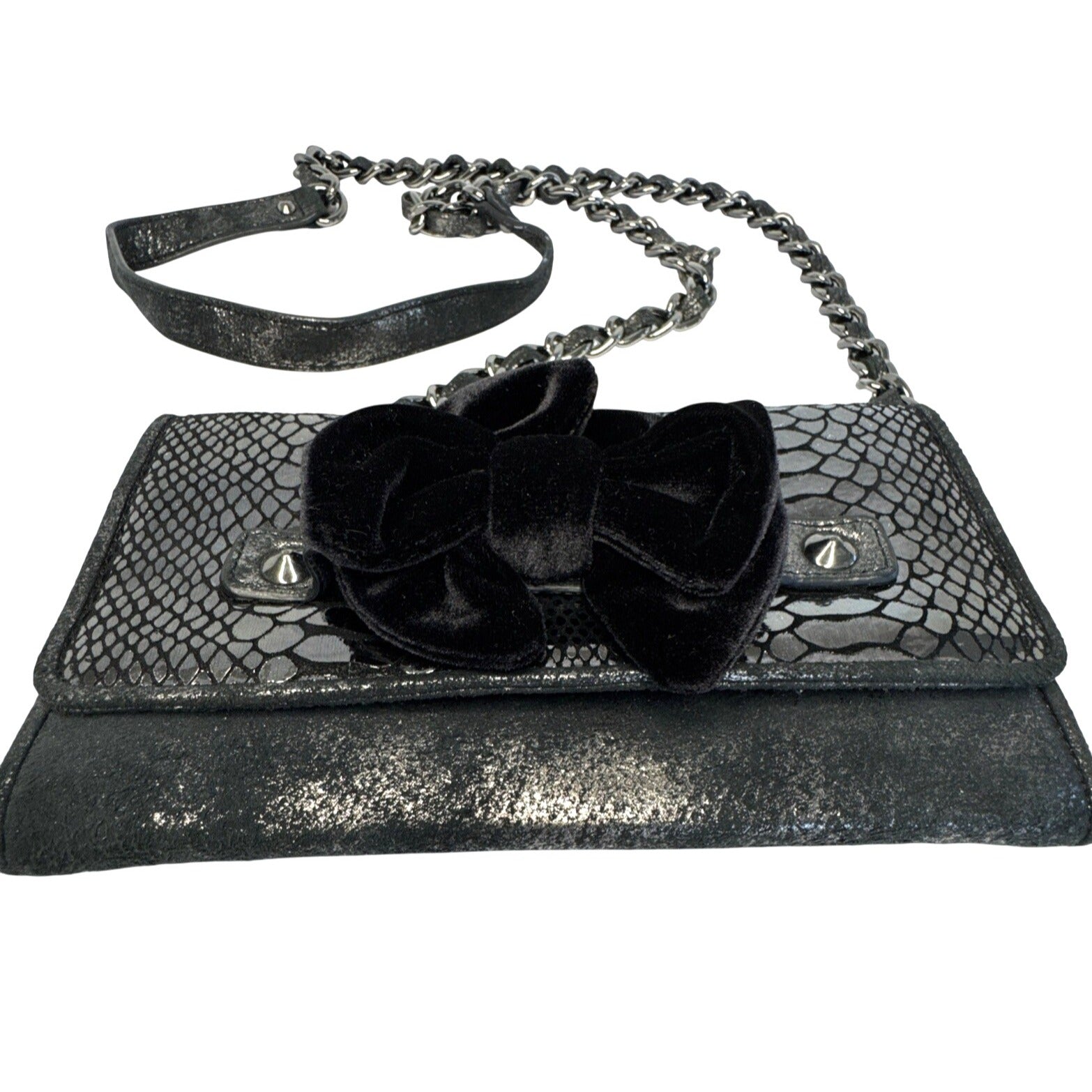 Betsey Johnson Elegant Black Faux Snakeskin Clutch W/Velvet Bow & Shoulder Chain