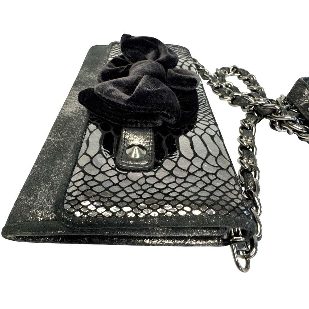 Betsey Johnson Elegant Black Faux Snakeskin Clutch W/Velvet Bow & Shoulder Chain