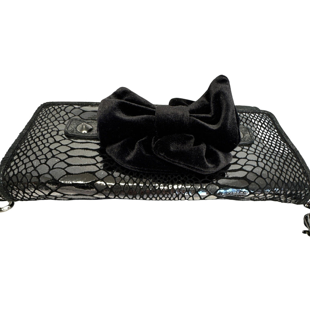 Betsey Johnson Elegant Black Faux Snakeskin Clutch W/Velvet Bow & Shoulder Chain