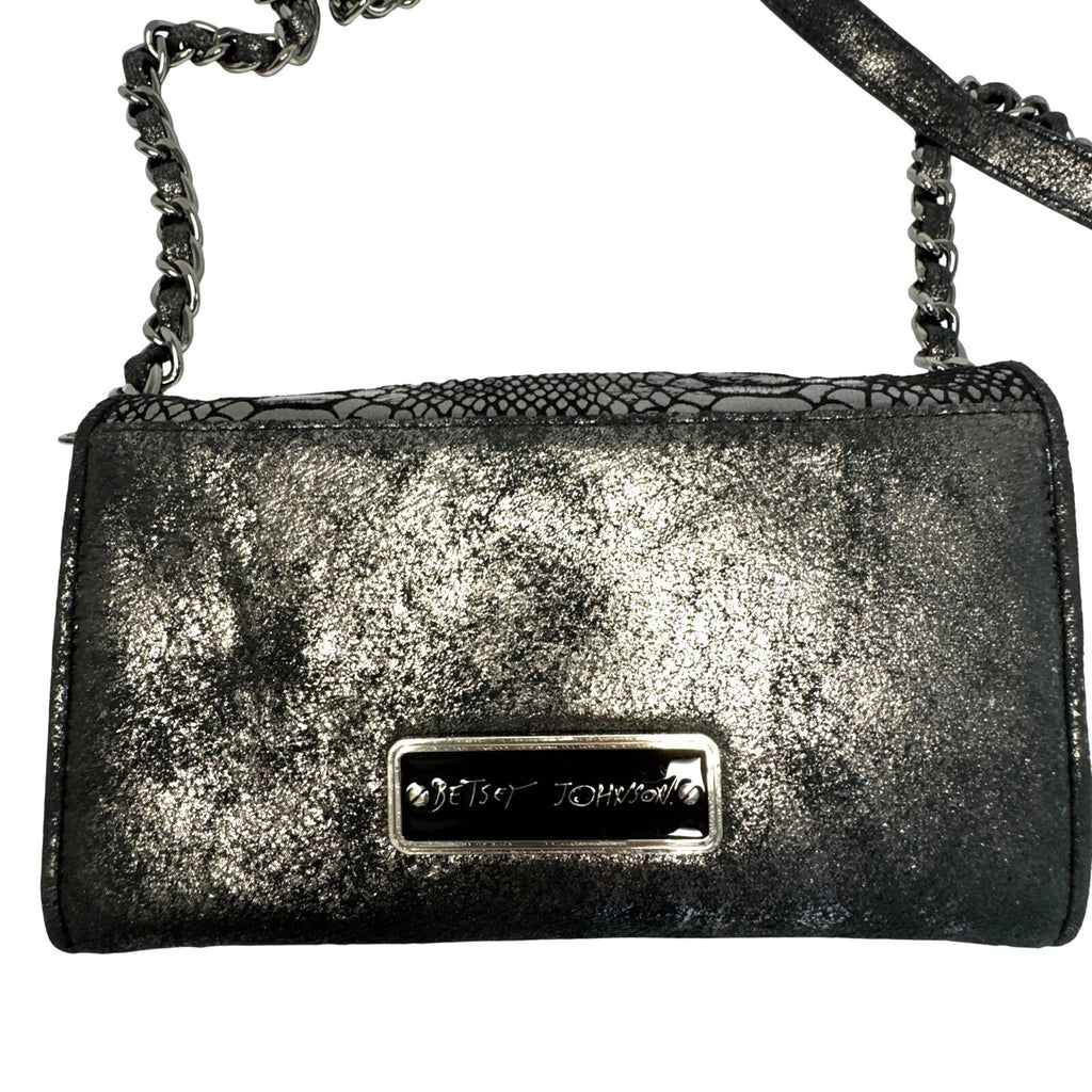 Betsey Johnson Elegant Black Faux Snakeskin Clutch W/Velvet Bow & Shoulder Chain