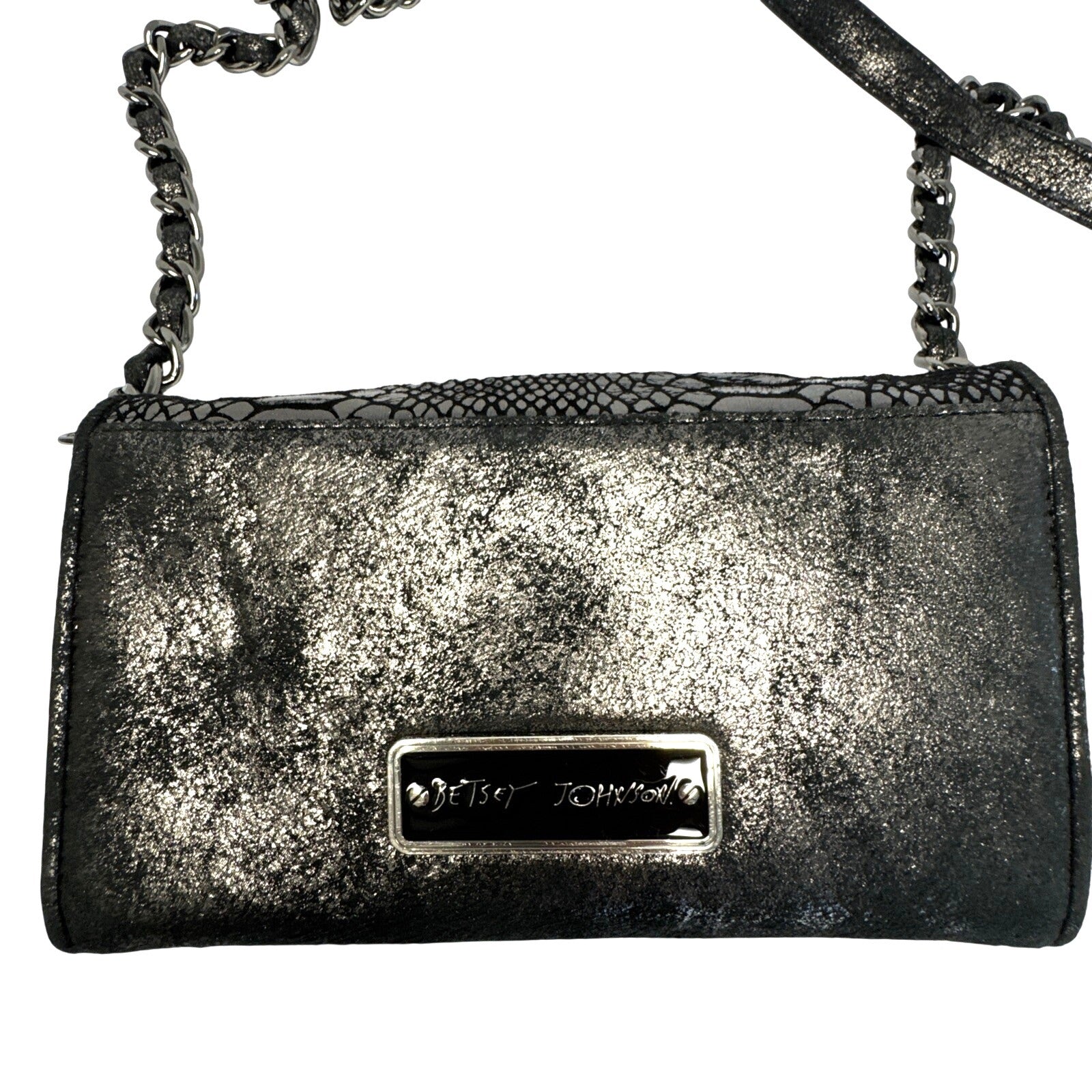 Betsey Johnson Elegant Black Faux Snakeskin Clutch W/Velvet Bow & Shoulder Chain