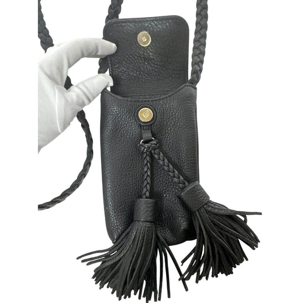 Rebecca Minkoff Black Leather Crossbody Bag With Braided Strap & Tassels