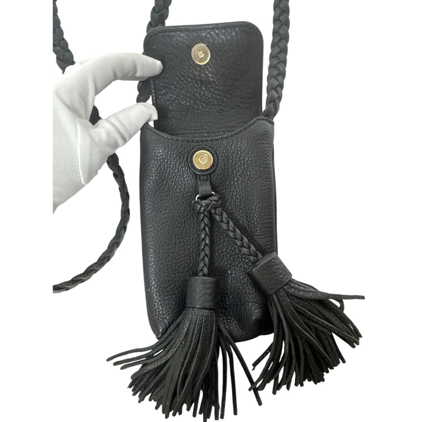 Rebecca Minkoff Black Leather Crossbody Bag With Braided Strap & Tassels