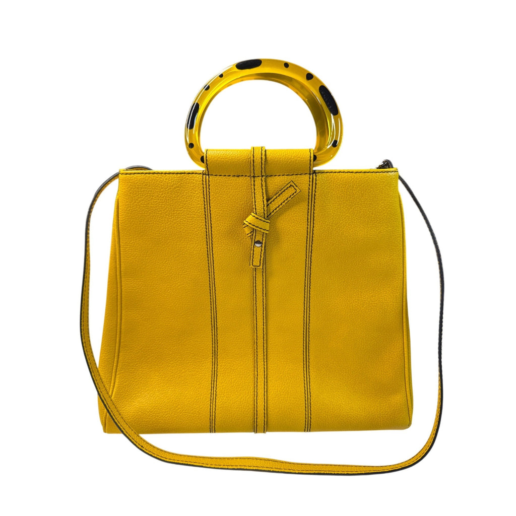 Christine DeGennaro Yellow Leather Handbag With Polka Dot Acrylic Handles & Adjustable Strap