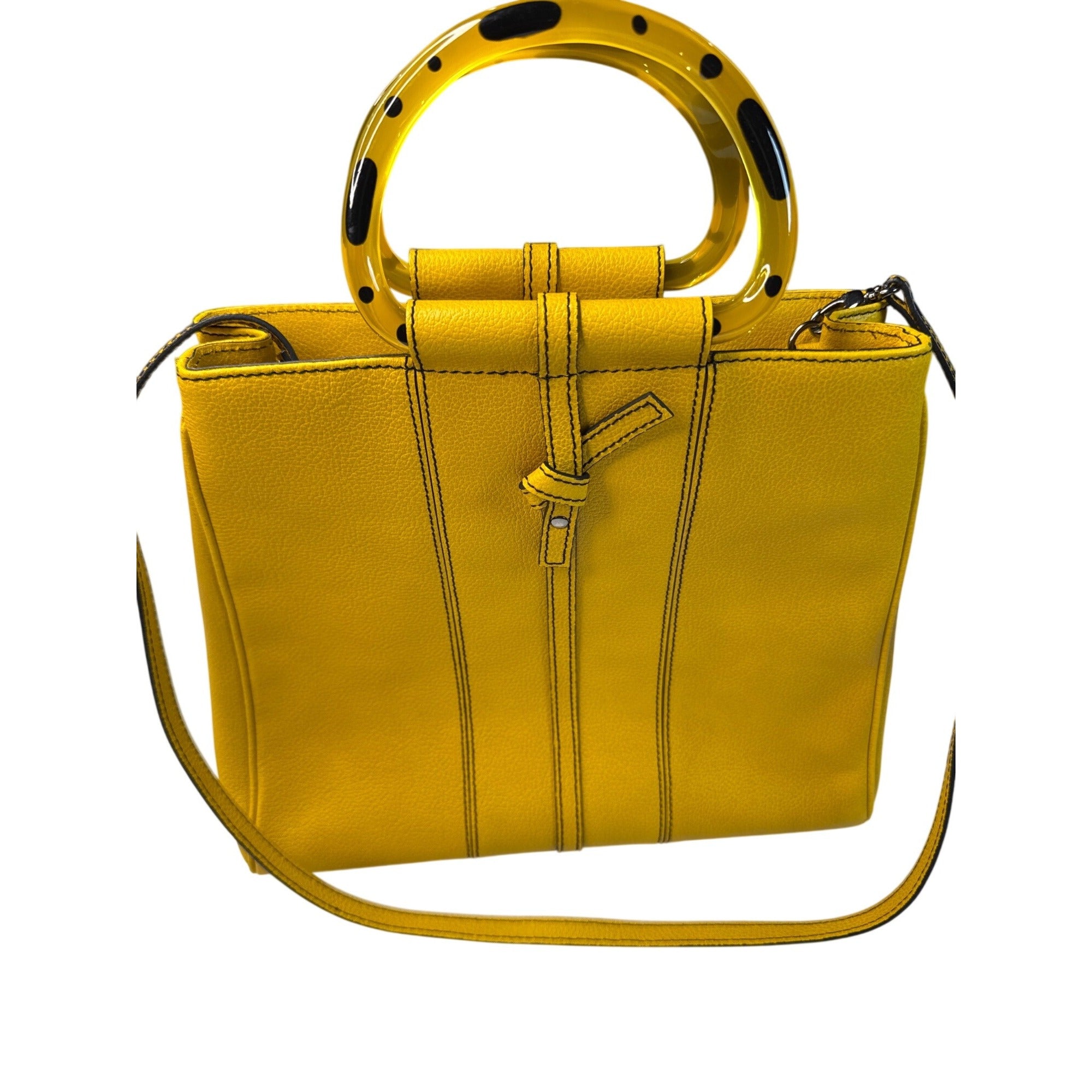 Christine DeGennaro Yellow Leather Handbag With Polka Dot Acrylic Handles & Adjustable Strap