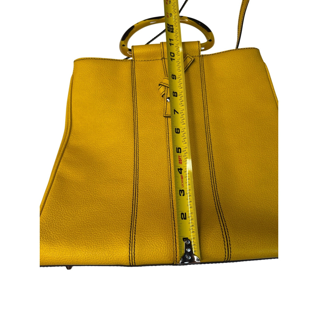 Christine DeGennaro Yellow Leather Handbag With Polka Dot Acrylic Handles & Adjustable Strap