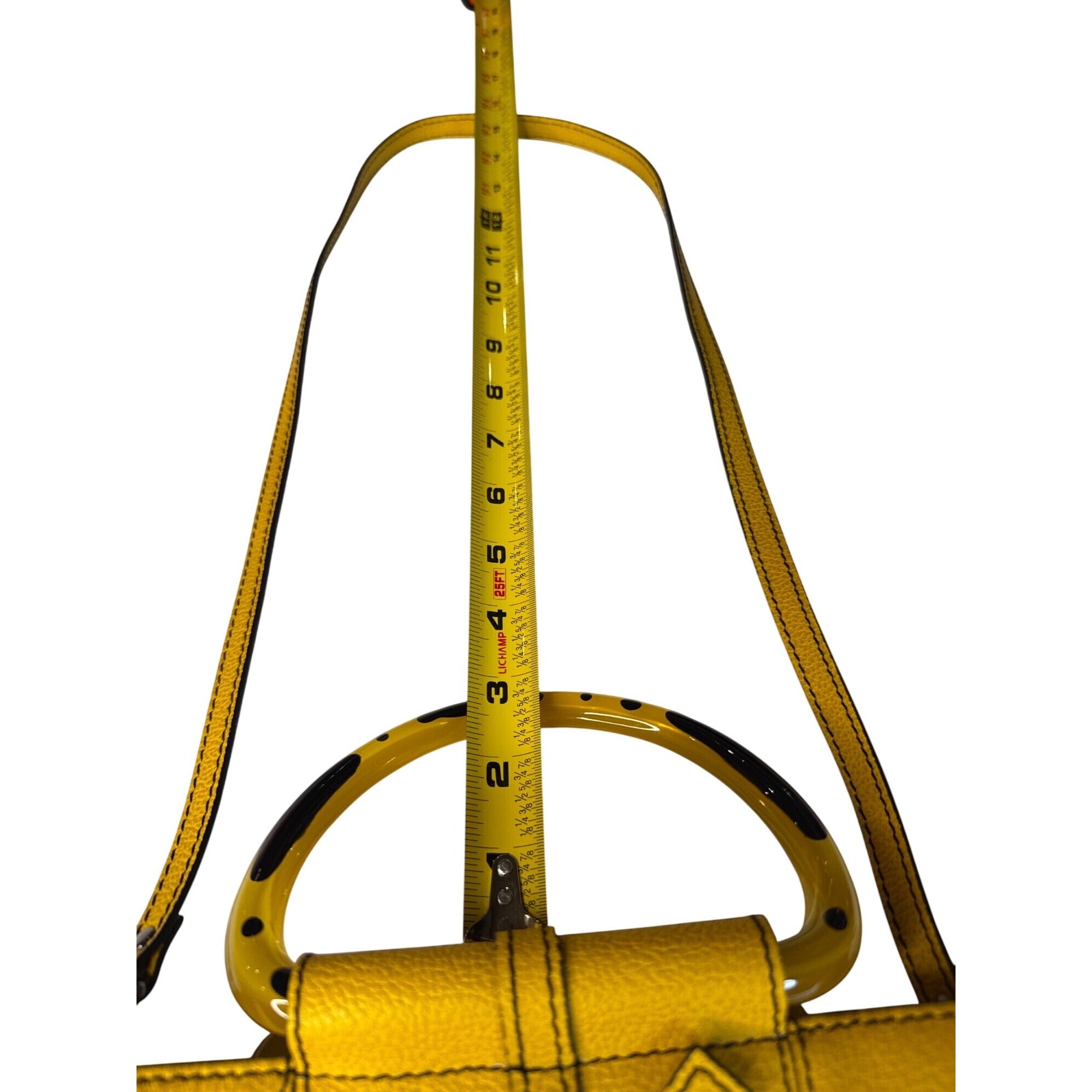 Christine DeGennaro Yellow Leather Handbag With Polka Dot Acrylic Handles & Adjustable Strap