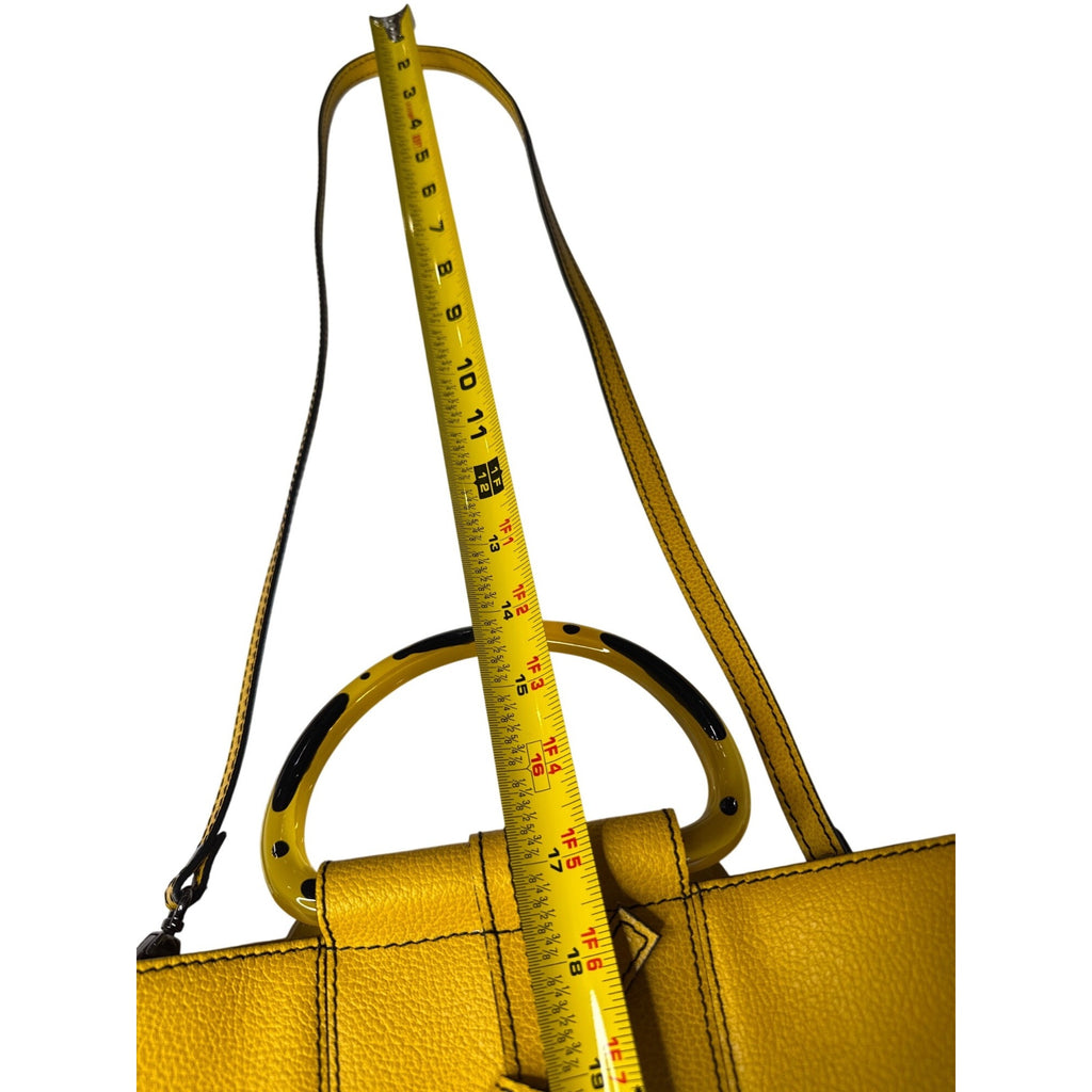 Christine DeGennaro Yellow Leather Handbag With Polka Dot Acrylic Handles & Adjustable Strap