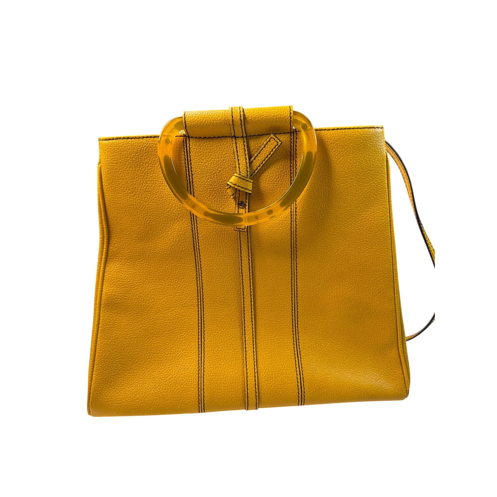 Christine DeGennaro Yellow Leather Handbag With Polka Dot Acrylic Handles & Adjustable Strap
