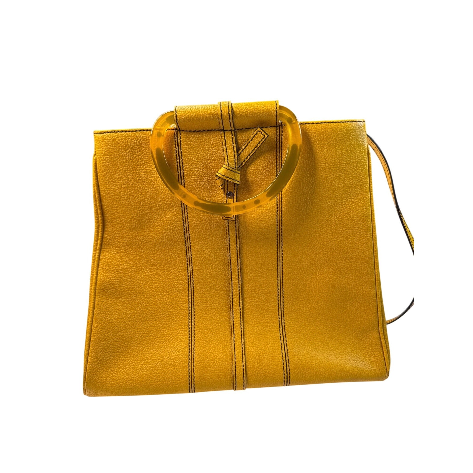 Christine DeGennaro Yellow Leather Handbag With Polka Dot Acrylic Handles & Adjustable Strap