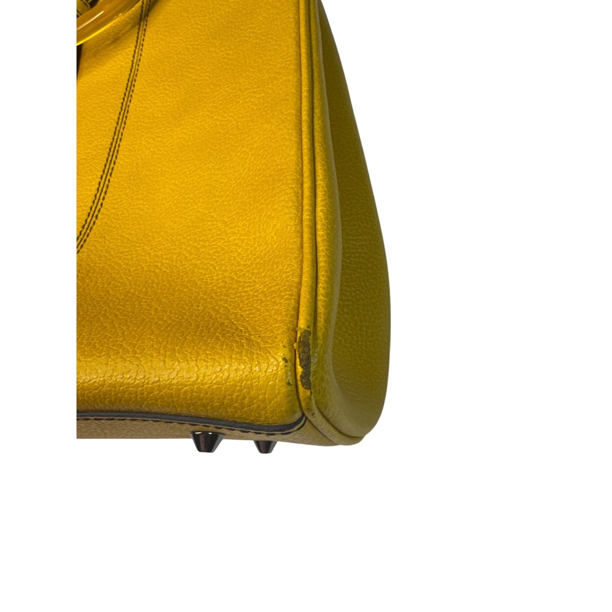 Christine DeGennaro Yellow Leather Handbag With Polka Dot Acrylic Handles & Adjustable Strap