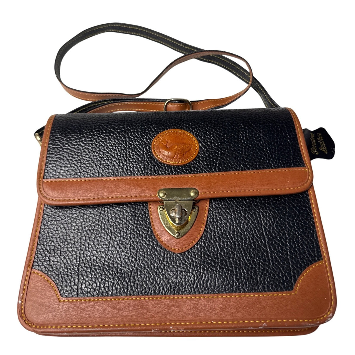 Carina Intl Inc Vintage Black & Tan Waterproof Pebble Leather Satchel Briefcase With Adjustable Strap And Brass Clasp Closure