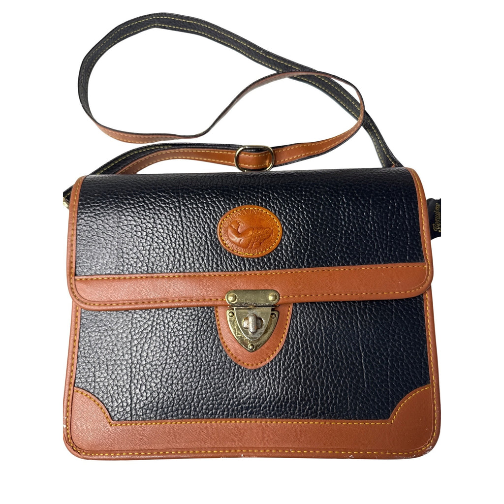 Carina Intl Inc Vintage Black & Tan Waterproof Pebble Leather Satchel Briefcase With Adjustable Strap And Brass Clasp Closure