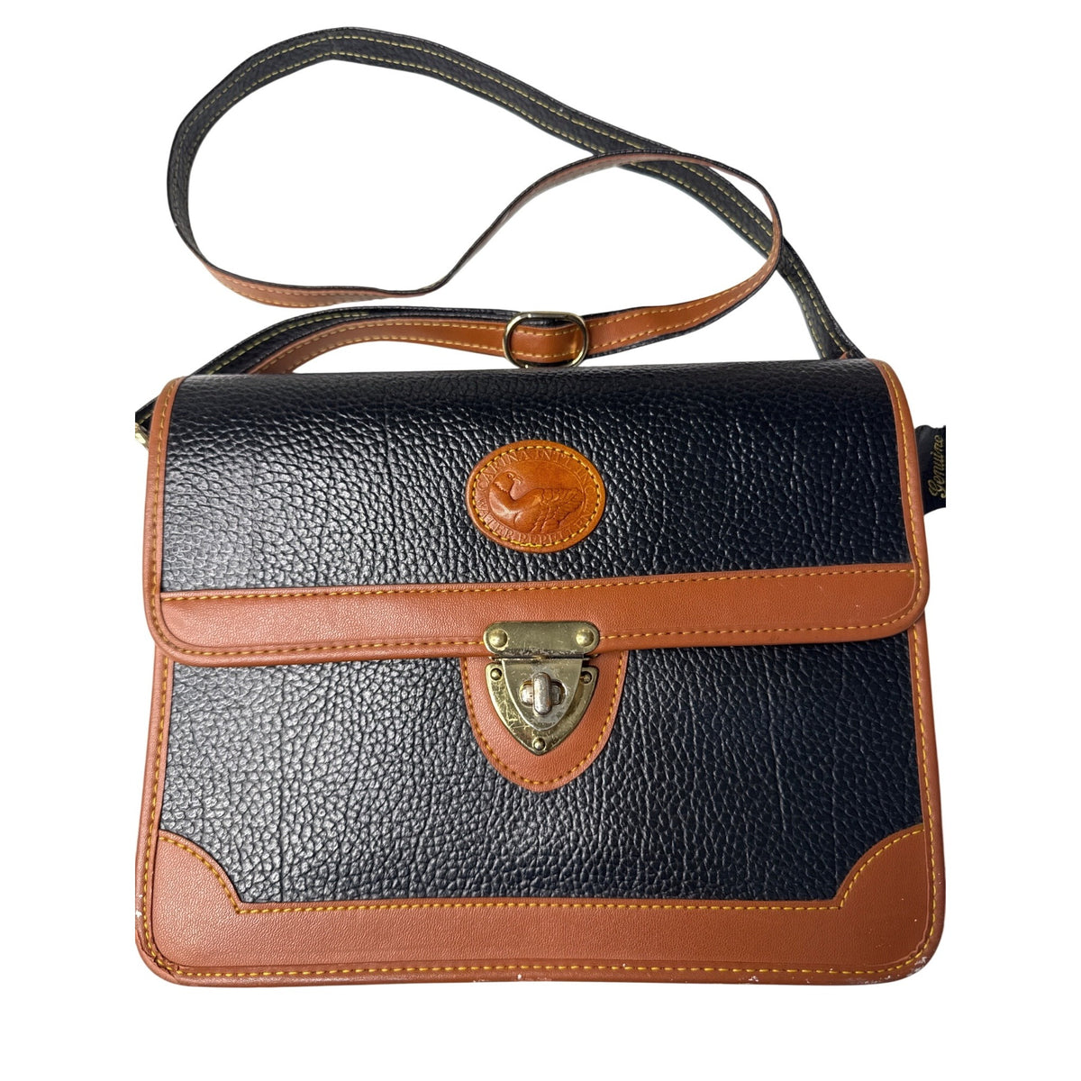 Carina Intl Inc Vintage Black & Tan Waterproof Pebble Leather Satchel Briefcase With Adjustable Strap And Brass Clasp Closure