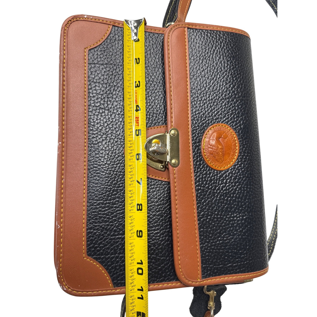 Carina Intl Inc Vintage Black & Tan Waterproof Pebble Leather Satchel Briefcase With Adjustable Strap And Brass Clasp Closure