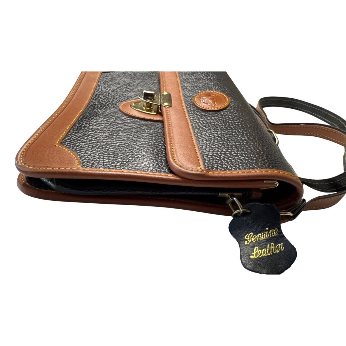 Carina Intl Inc Vintage Black & Tan Waterproof Pebble Leather Satchel Briefcase With Adjustable Strap And Brass Clasp Closure