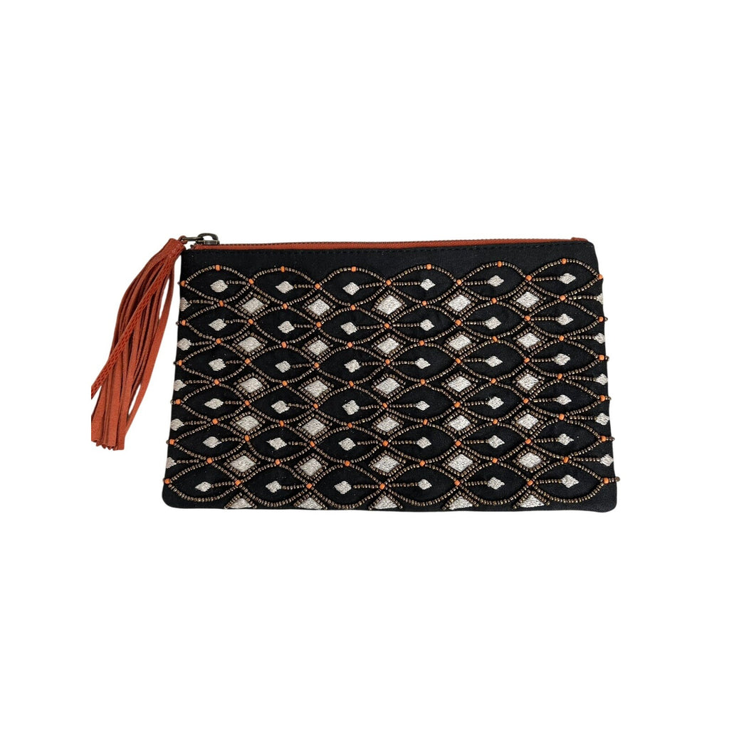 Ten79LA Grace Clutch Suede embellished w/Glass & Resin Beads w/Tassel Handmade