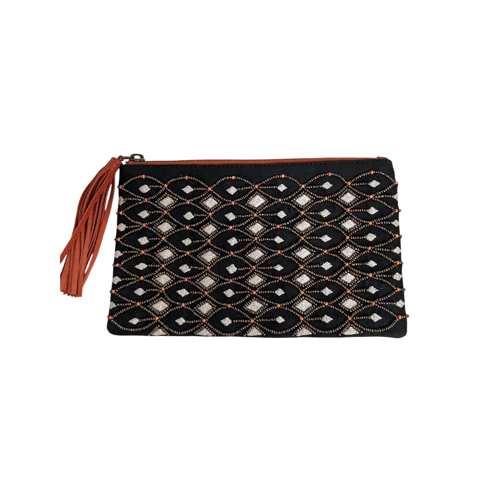 Ten79LA Grace Clutch Suede embellished w/Glass & Resin Beads w/Tassel Handmade