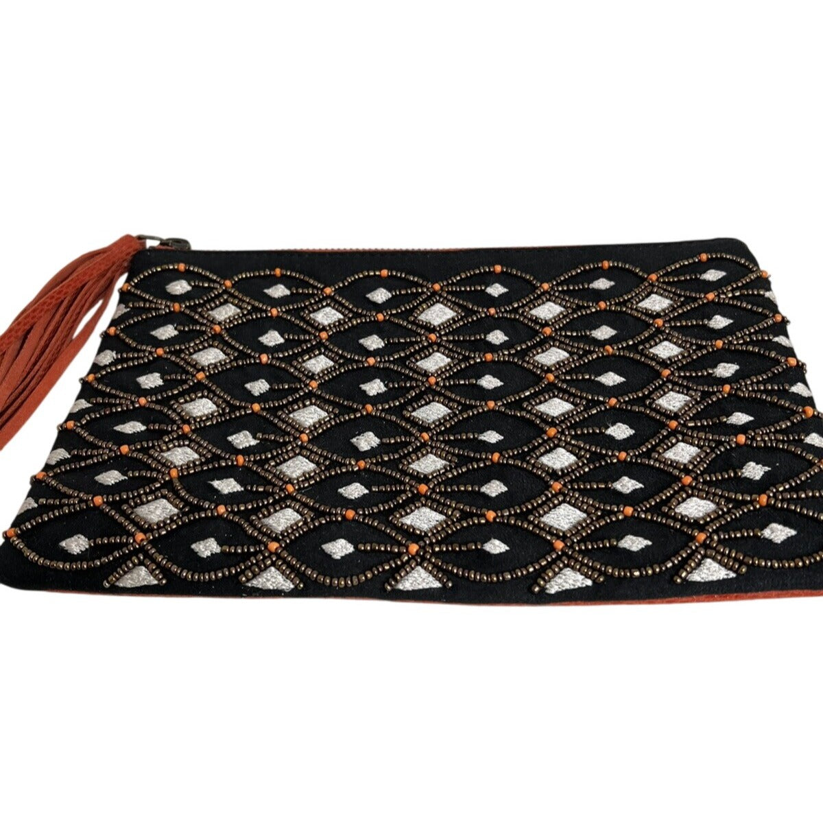 Ten79LA Grace Clutch Suede embellished w/Glass & Resin Beads w/Tassel Handmade