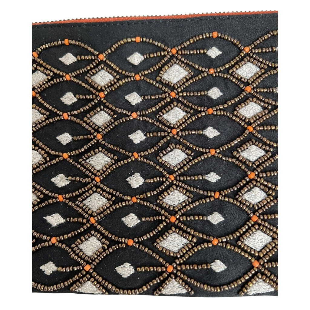Ten79LA Grace Clutch Suede embellished w/Glass & Resin Beads w/Tassel Handmade