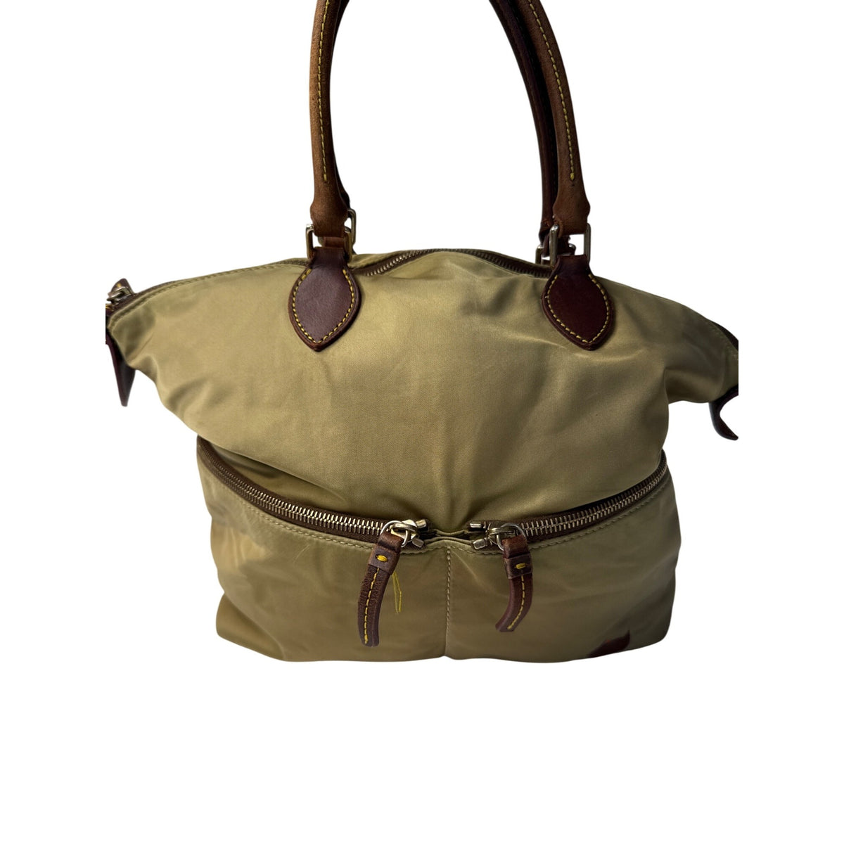 Dooney & Bourke Nylon Satchel Bag Khaki Tan Leather Trim Zipper Pockets