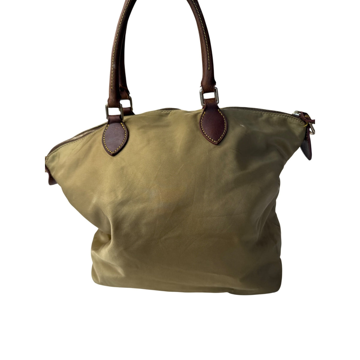 Dooney & Bourke Nylon Satchel Bag Khaki Tan Leather Trim Zipper Pockets
