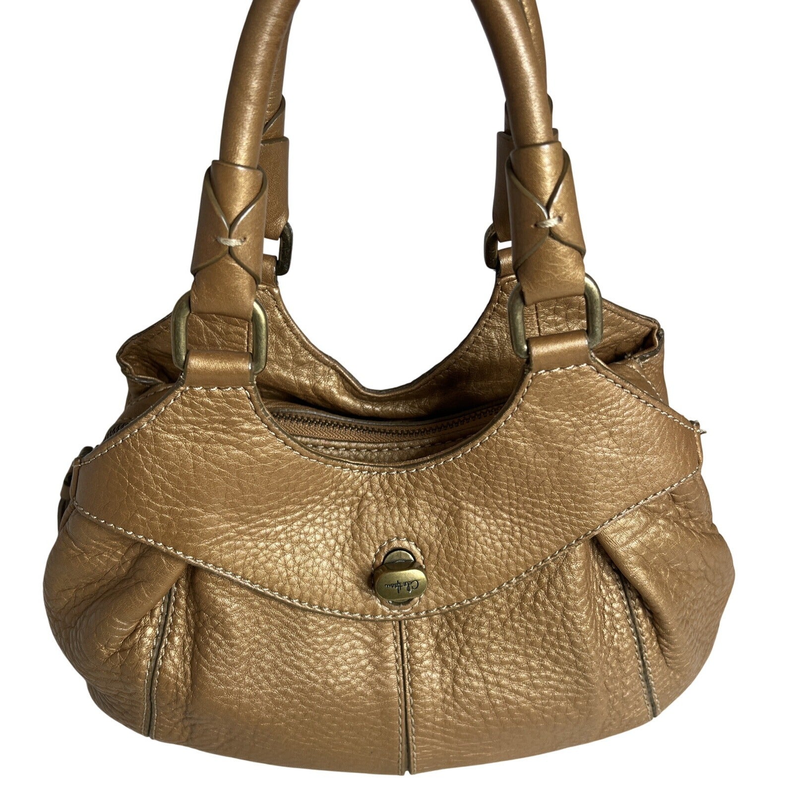 Cole Haan Gold Pebbled Leather Handbag Double Handles & Zip Closure