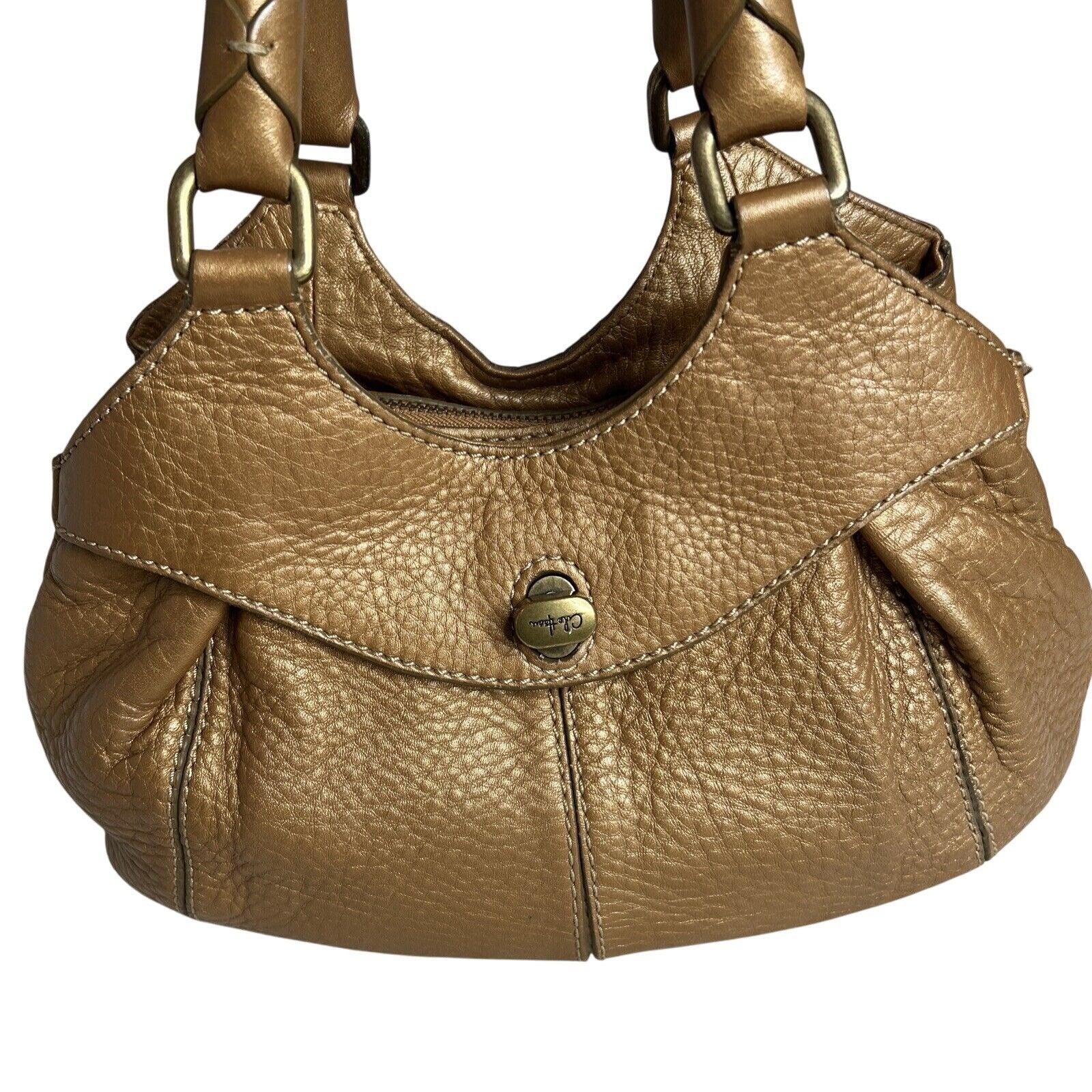 Cole Haan Gold Pebbled Leather Handbag Double Handles & Zip Closure