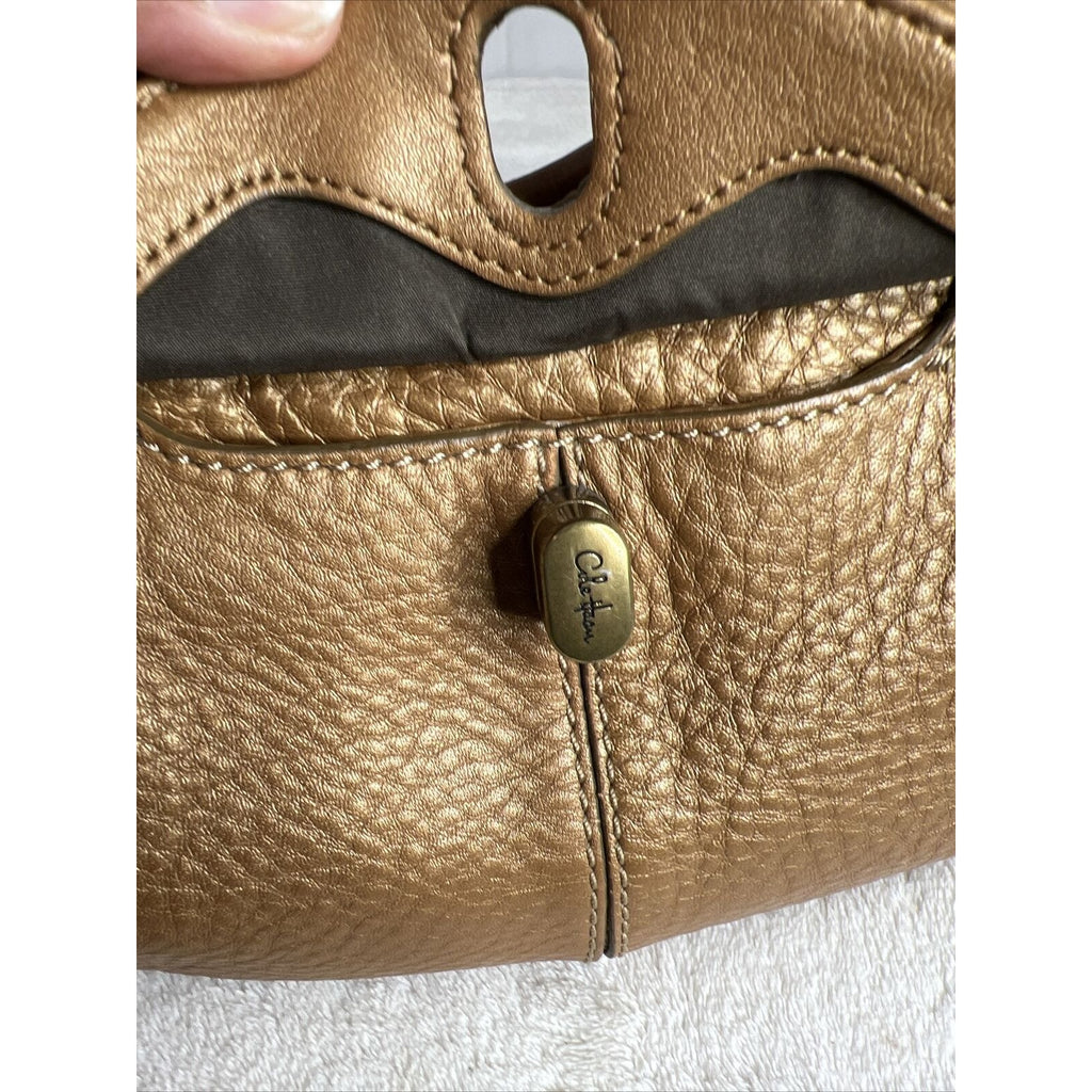 Cole Haan Gold Pebbled Leather Handbag Double Handles & Zip Closure