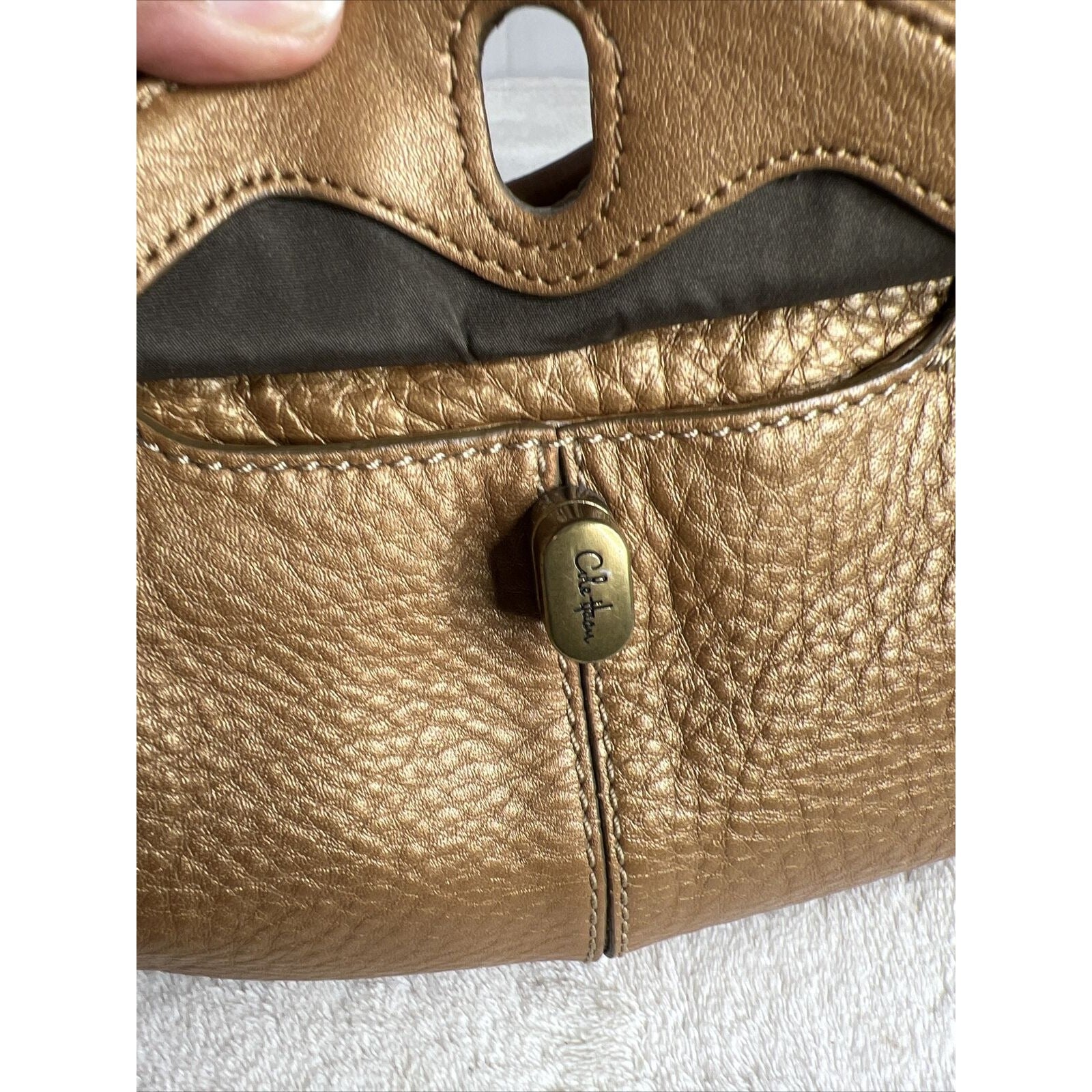 Cole Haan Gold Pebbled Leather Handbag Double Handles & Zip Closure