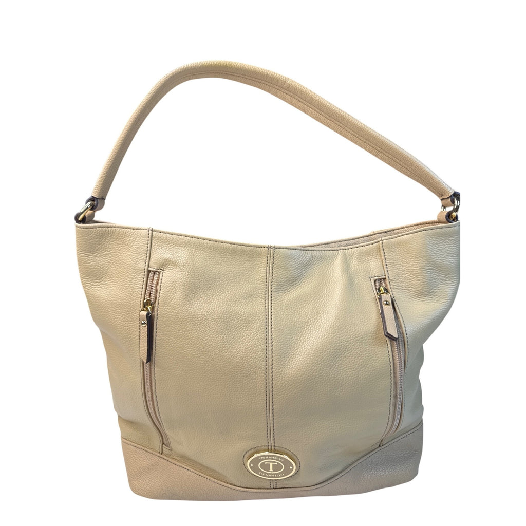 Tignanello Beige Pebbled Leather Shoulder Bag With Gold Hardware & Zipper Accents