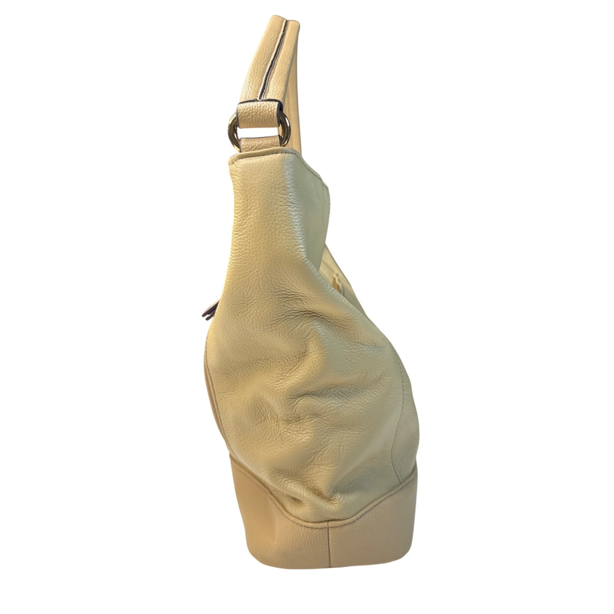 Tignanello Beige Pebbled Leather Shoulder Bag With Gold Hardware & Zipper Accents
