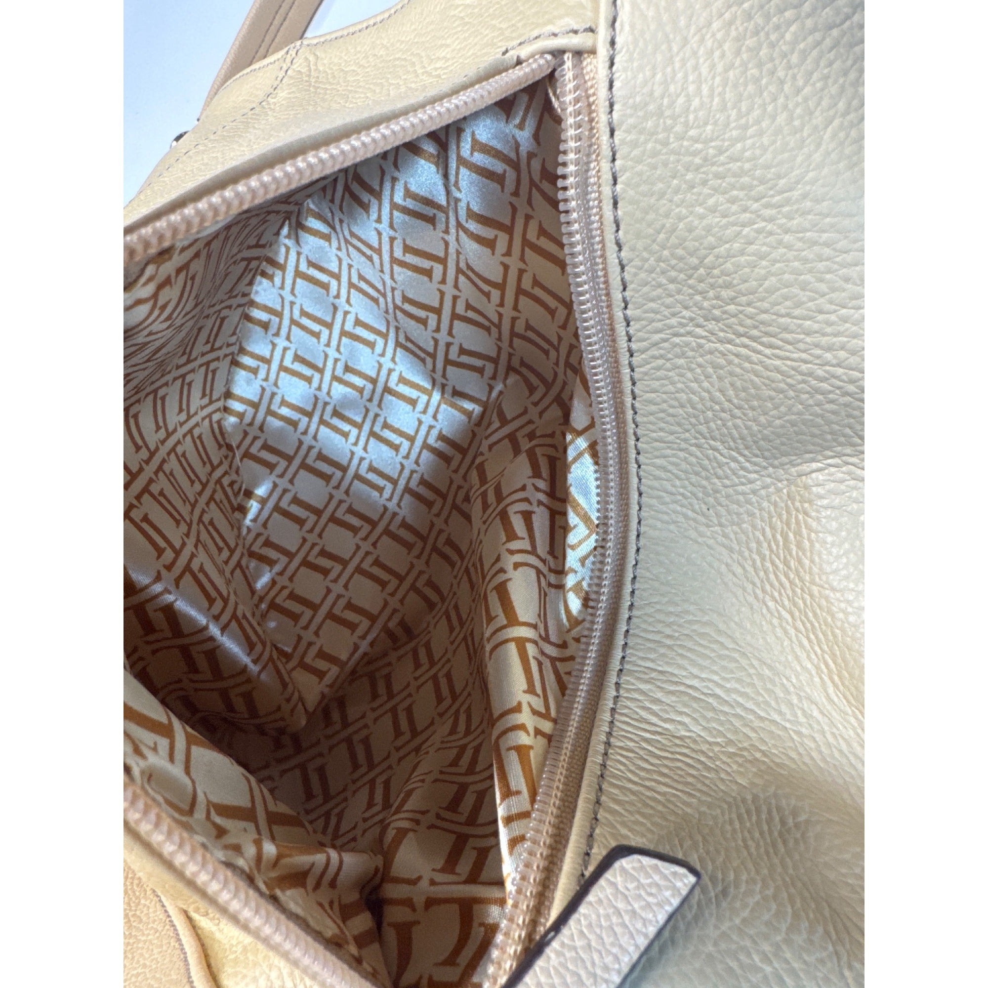 Tignanello Beige Pebbled Leather Shoulder Bag With Gold Hardware & Zipper Accents