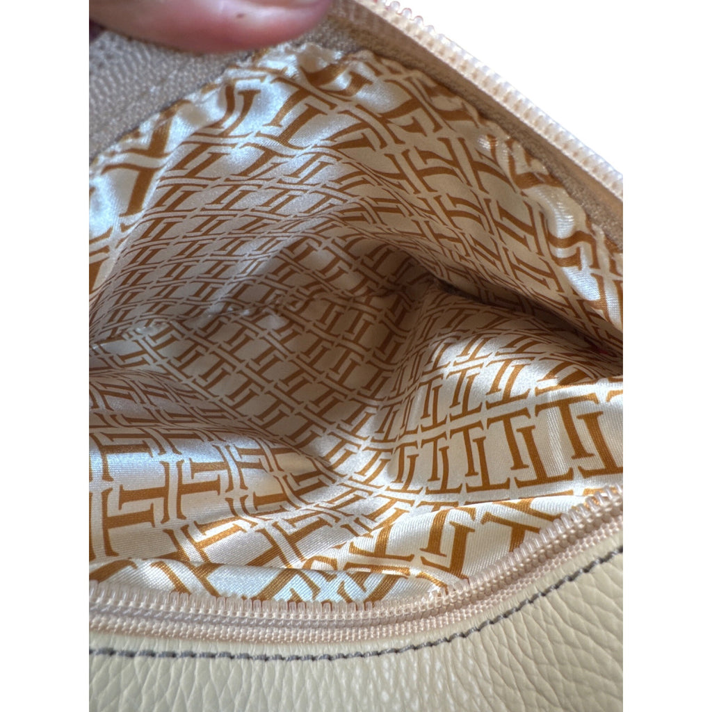 Tignanello Beige Pebbled Leather Shoulder Bag With Gold Hardware & Zipper Accents