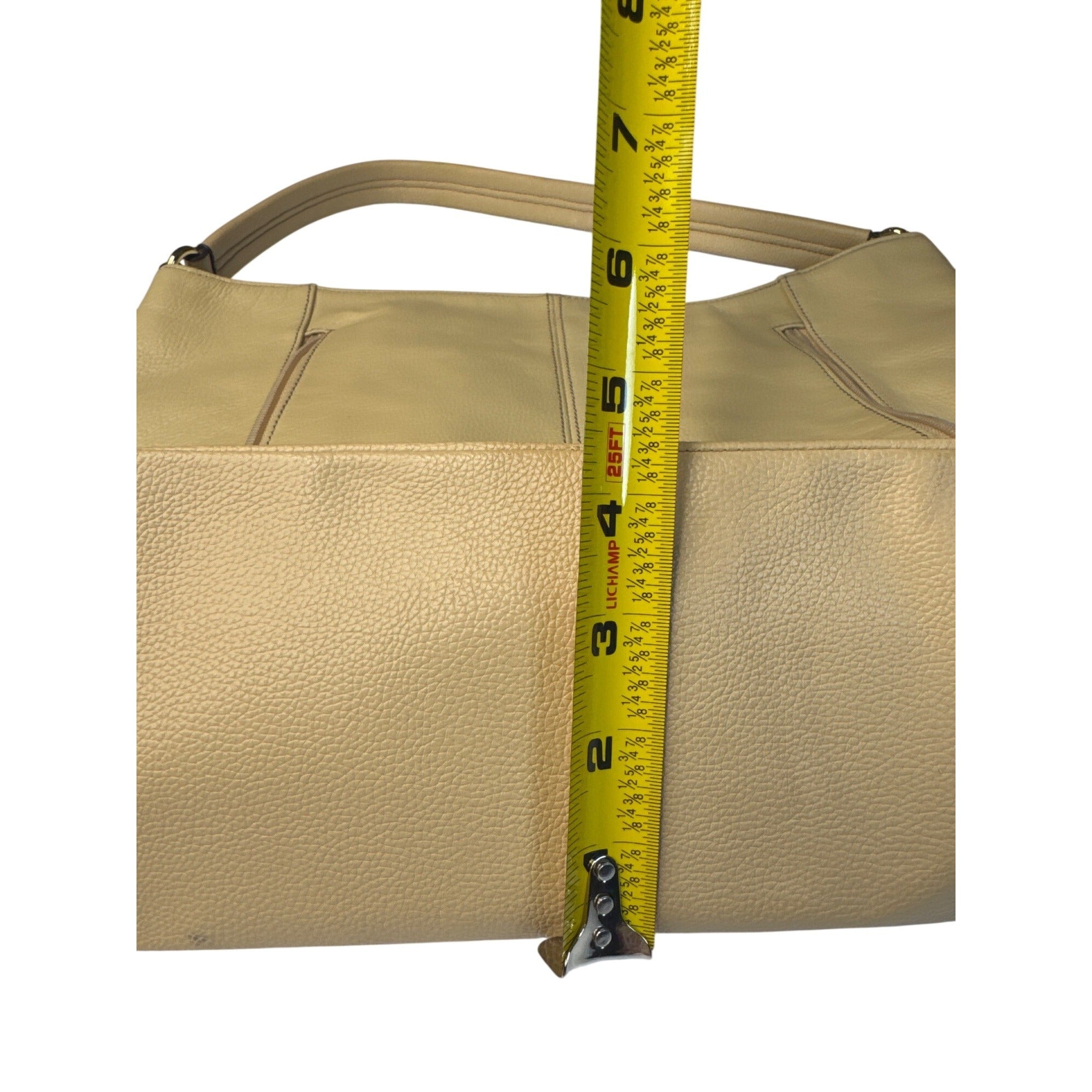 Tignanello Beige Pebbled Leather Shoulder Bag With Gold Hardware & Zipper Accents