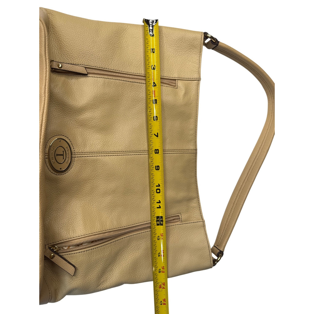 Tignanello Beige Pebbled Leather Shoulder Bag With Gold Hardware & Zipper Accents