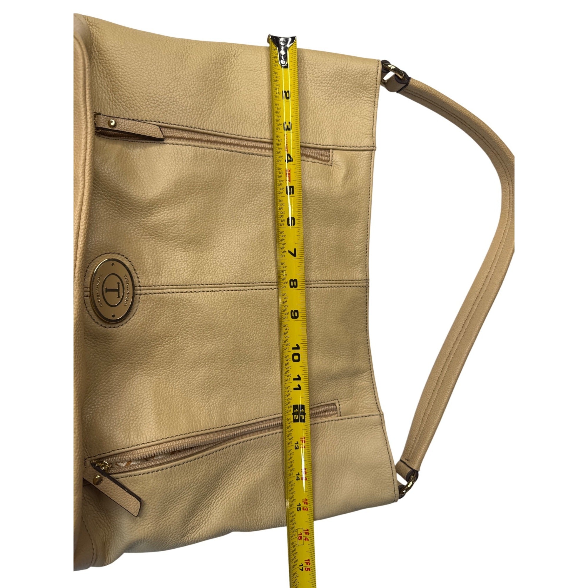 Tignanello Beige Pebbled Leather Shoulder Bag With Gold Hardware & Zipper Accents