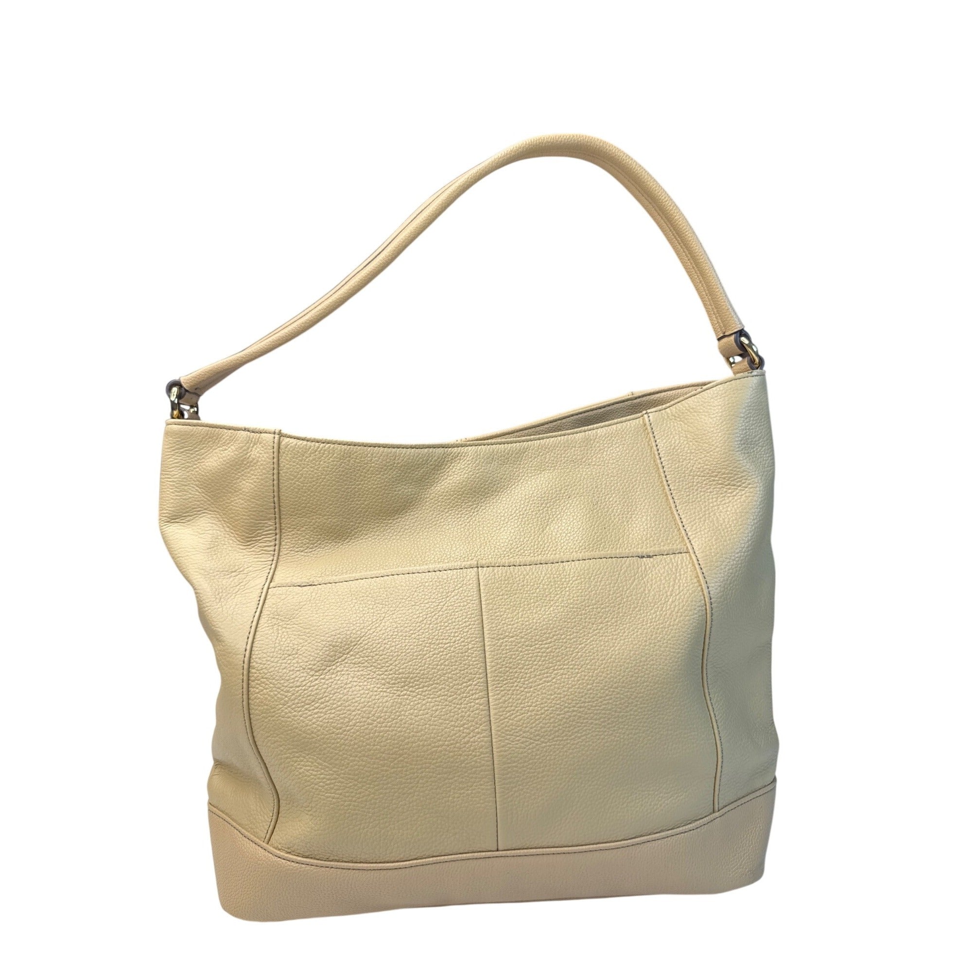 Tignanello Beige Pebbled Leather Shoulder Bag With Gold Hardware & Zipper Accents