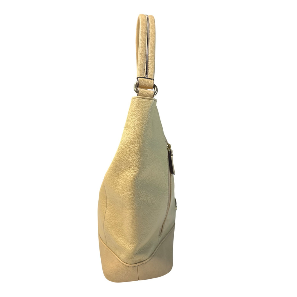 Tignanello Beige Pebbled Leather Shoulder Bag With Gold Hardware & Zipper Accents