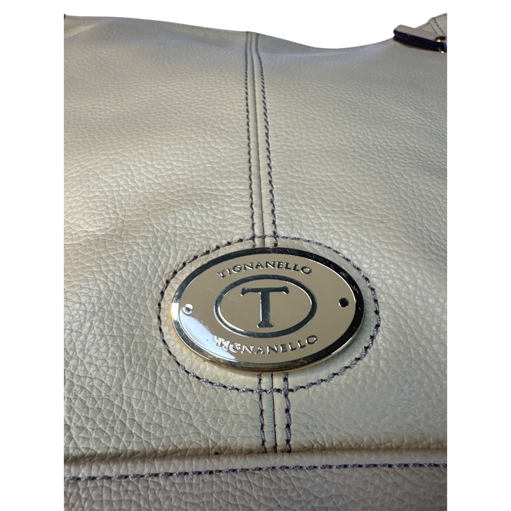 Tignanello Beige Pebbled Leather Shoulder Bag With Gold Hardware & Zipper Accents